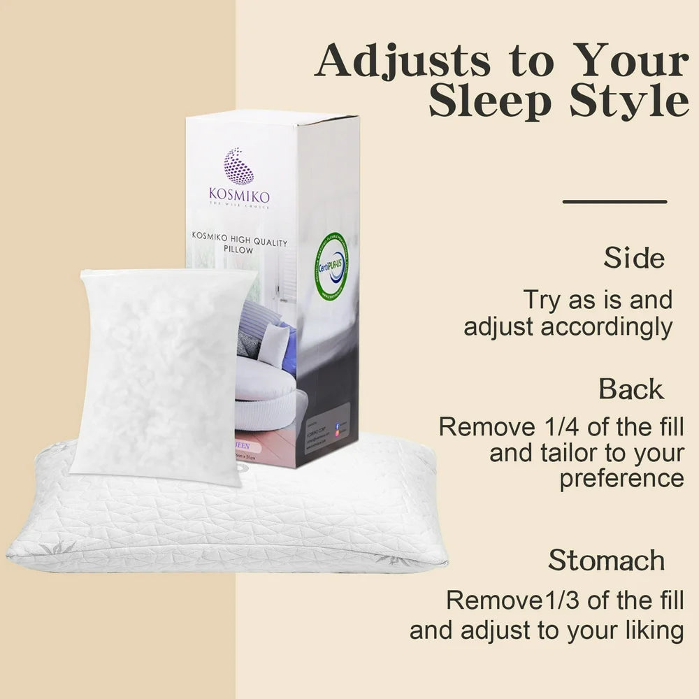 Bed Pillows for Sleeping 1 Pack | Shredded Memory Foam Pillows | Adjustable Cool BAMBOO Pillow for Side Back Stomach Sleepers | Queen